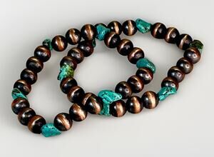 Copper Pearls 8mm Hubei Turquoise Southwestern Stretch Stack Bracelets Pair